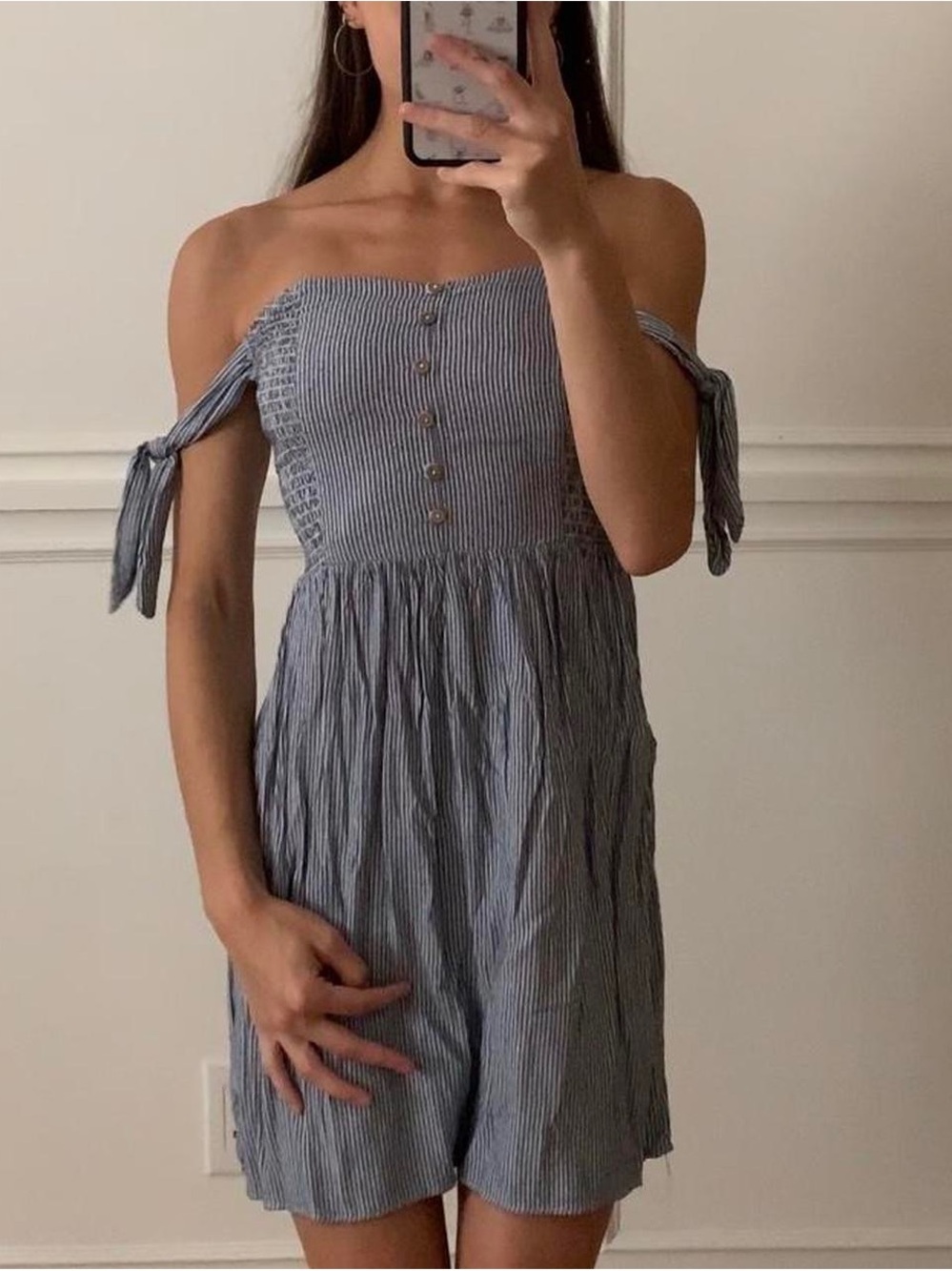 American Eagle Blue White Pinstripe Smocked Tie Sleeve Mini Dress S